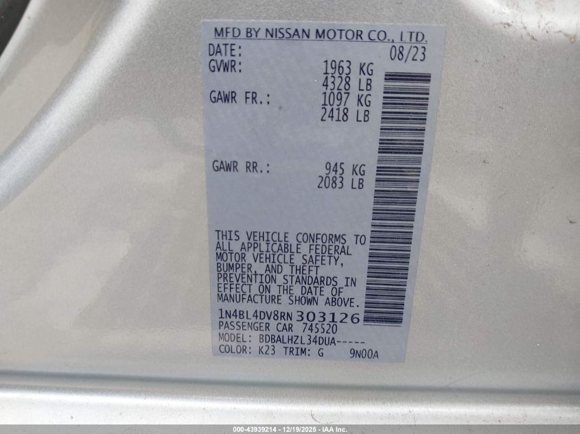 2024 Nissan Altima Sv Fwd VIN: 1N4BL4DV8RN303126 Lot: 43939214