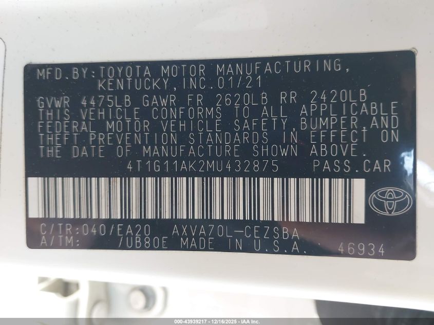 2021 Toyota Camry Se VIN: 4T1G11AK2MU432875 Lot: 43939217