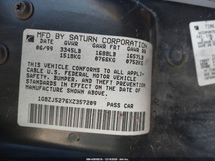 1999 Saturn Sl2 VIN: 1G8ZJ5276XZ357209 Lot: 43939218