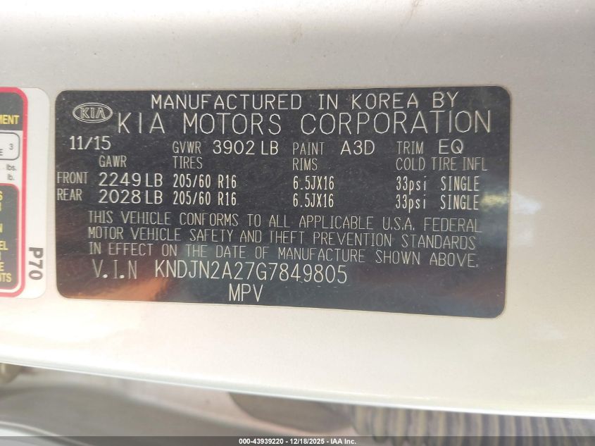 2016 Kia Soul VIN: KNDJN2A27G7849805 Lot: 43939220