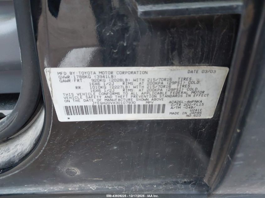 2003 Toyota Rav4 VIN: JTEGH20VX30107930 Lot: 43939225