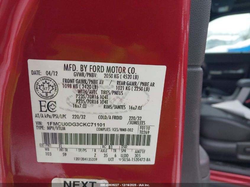 2012 Ford Escape Xlt VIN: 1FMCU0DG3CKC71101 Lot: 43939227