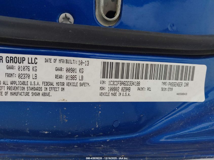 2013 Dodge Dart Sxt VIN: 1C3CDFBA6DD334188 Lot: 43939228