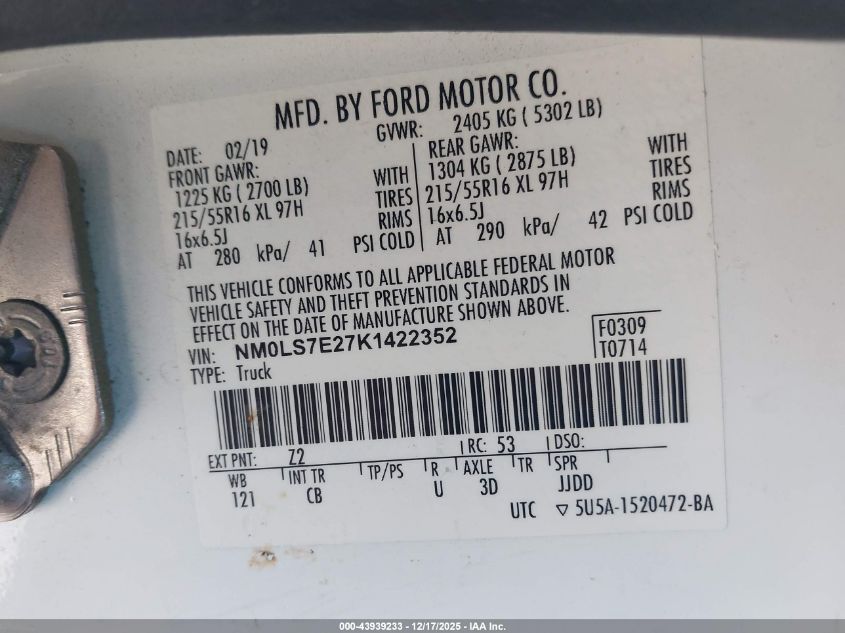 2019 Ford Transit Connect Xl VIN: NM0LS7E27K1422352 Lot: 43939233