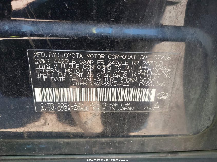 2006 Lexus Is 250 VIN: JTHBK262X65024422 Lot: 43939238