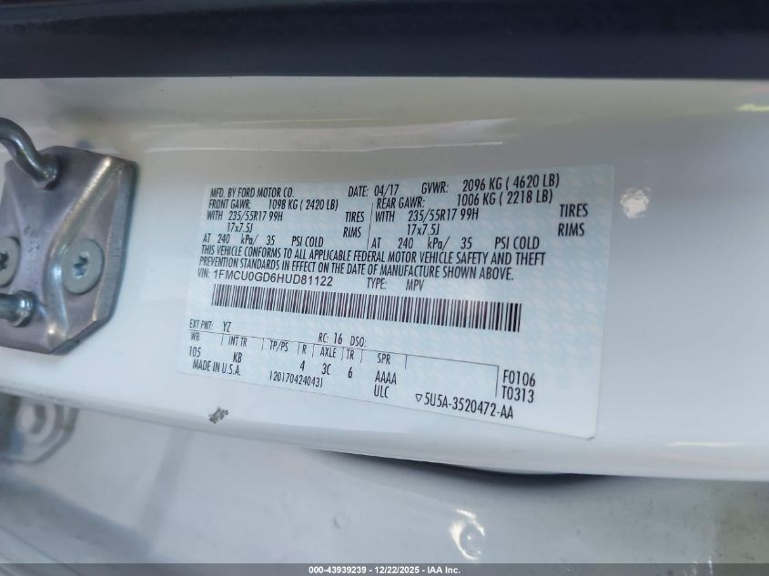 2017 Ford Escape Se VIN: 1FMCU0GD6HUD81122 Lot: 43939239