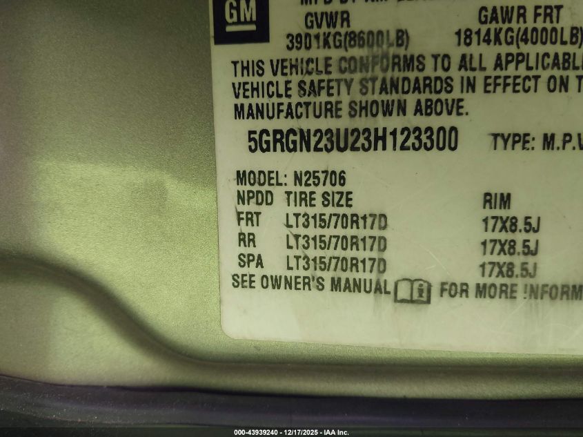 2003 Hummer H2 VIN: 5GRGN23U23H123300 Lot: 43939240