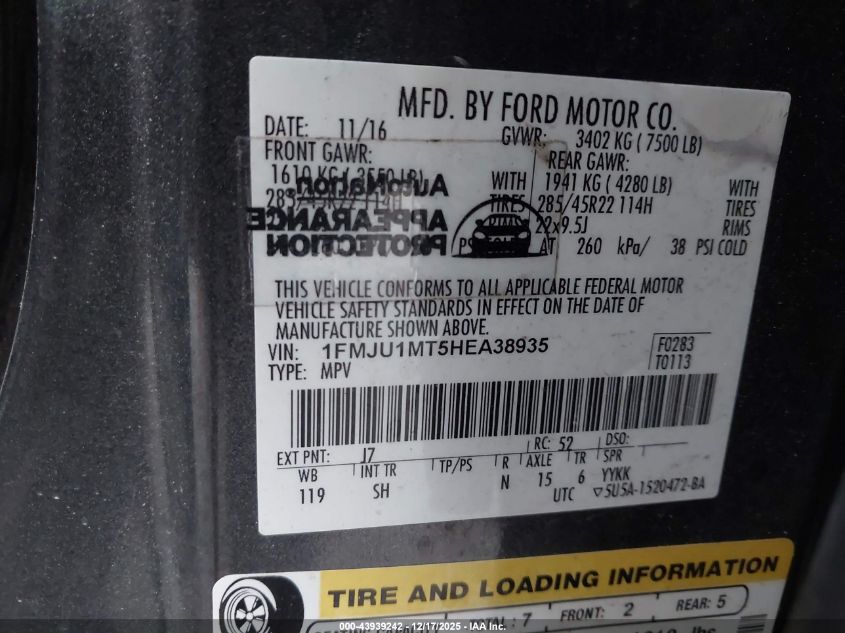 2017 Ford Expedition Platinum VIN: 1FMJU1MT5HEA38935 Lot: 43939242