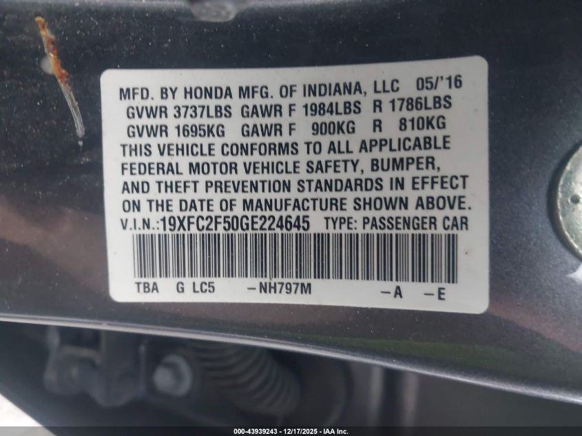 2016 Honda Civic Lx VIN: 19XFC2F50GE224645 Lot: 43939243