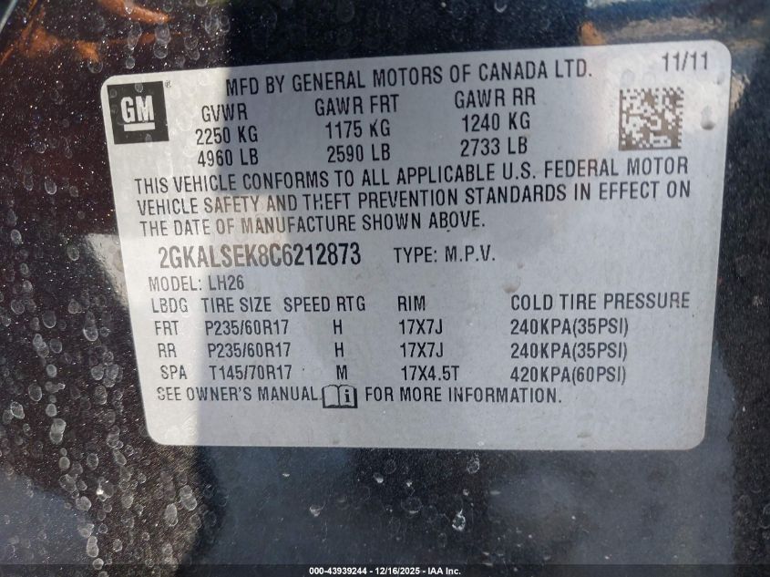 2012 GMC Terrain Sle-2 VIN: 2GKALSEK8C6212873 Lot: 43939244