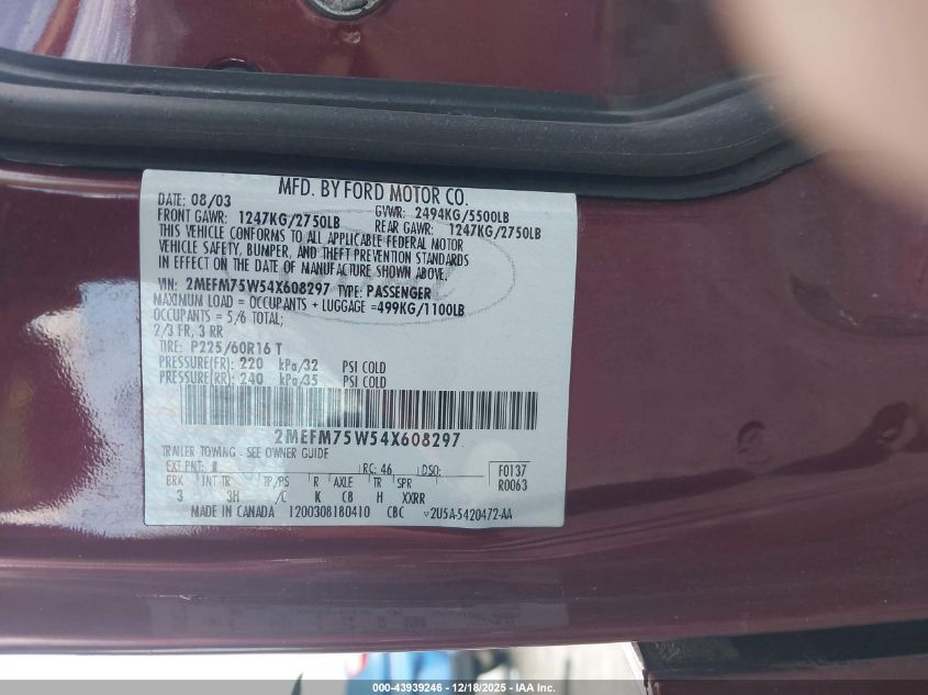 2004 Mercury Grand Marquis Ls VIN: 2MEFM75W54X608297 Lot: 43939246