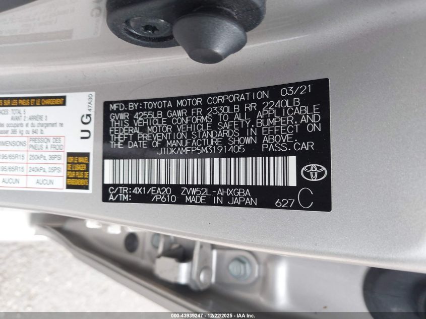 2021 Toyota Prius Prime Xle VIN: JTDKAMFP5M3191405 Lot: 43939247