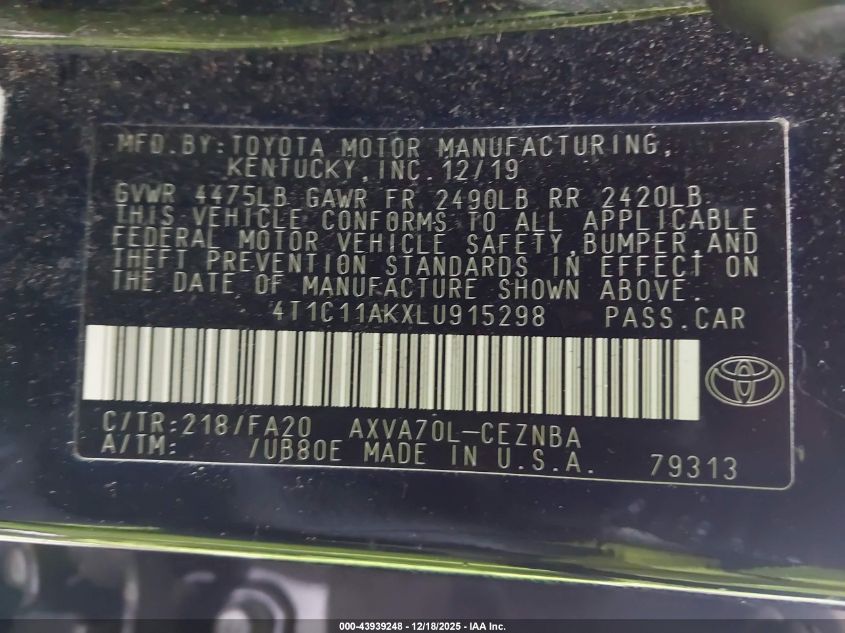 2020 Toyota Camry Le VIN: 4T1C11AKXLU915298 Lot: 43939248