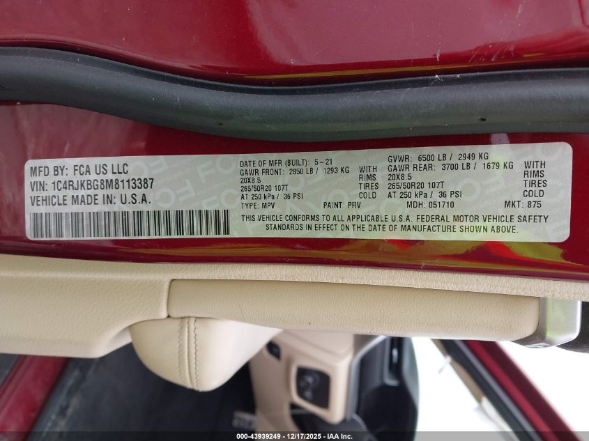 2021 Jeep Grand Cherokee L Limited 4X4 VIN: 1C4RJKBG8M8113387 Lot: 43939249