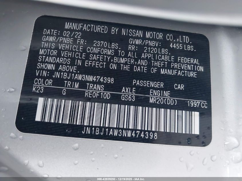 2022 Nissan Rogue Sport S VIN: JN1BJ1AW3NW474398 Lot: 43939250