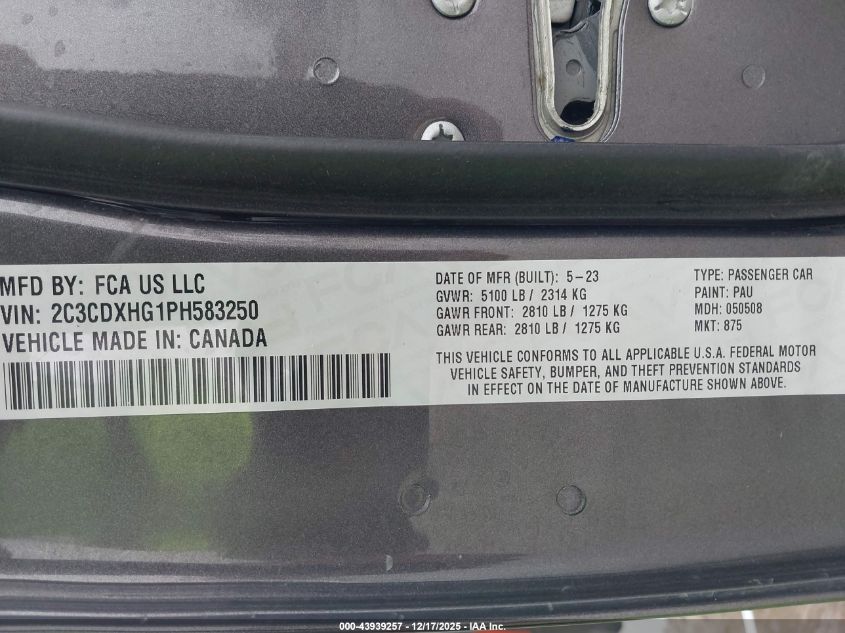 2023 Dodge Charger Gt VIN: 2C3CDXHG1PH583250 Lot: 43939257