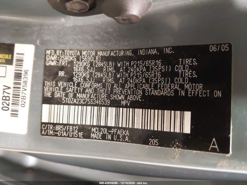 2005 Toyota Sienna Le VIN: 5TDZA23C75S346539 Lot: 43939266