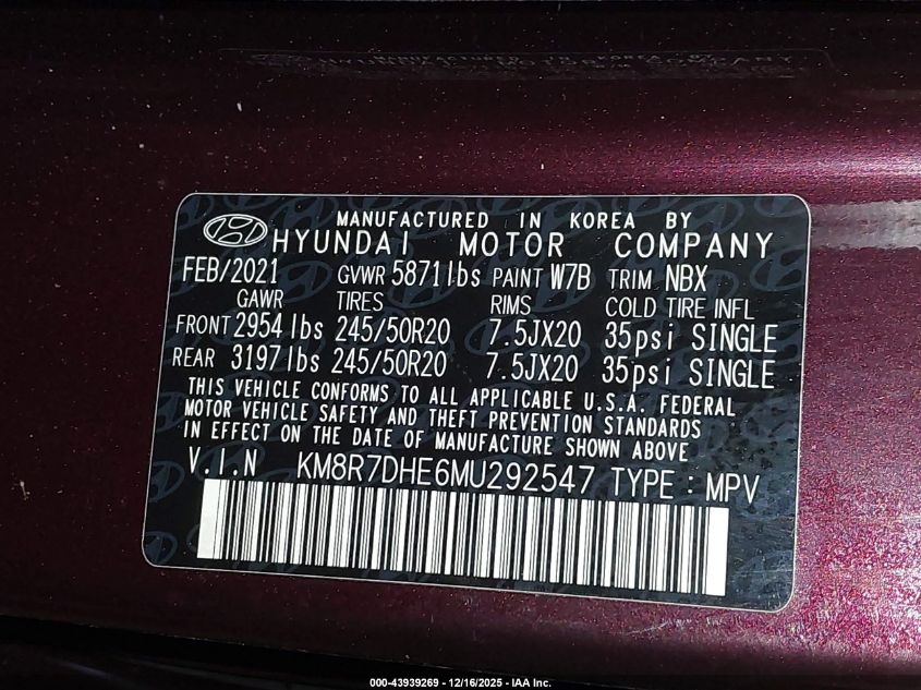 2021 Hyundai Palisade Calligraphy VIN: KM8R7DHE6MU292547 Lot: 43939269