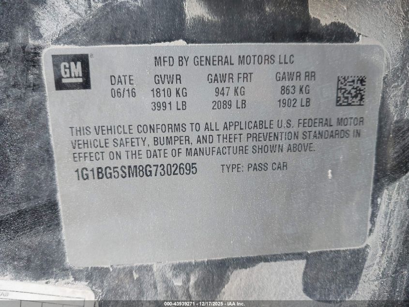 2016 Chevrolet Cruze Premier Auto VIN: 1G1BG5SM8G7302695 Lot: 43939271