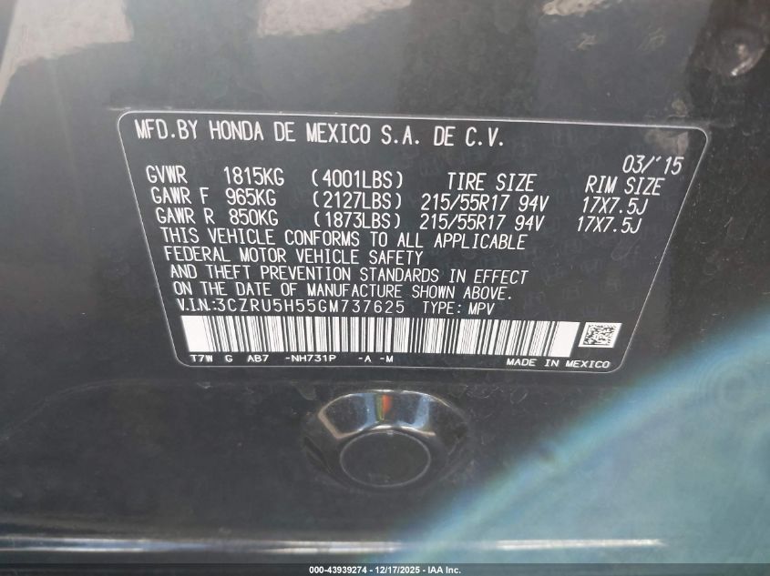 2016 Honda Hr-V Ex VIN: 3CZRU5H55GM737625 Lot: 43939274