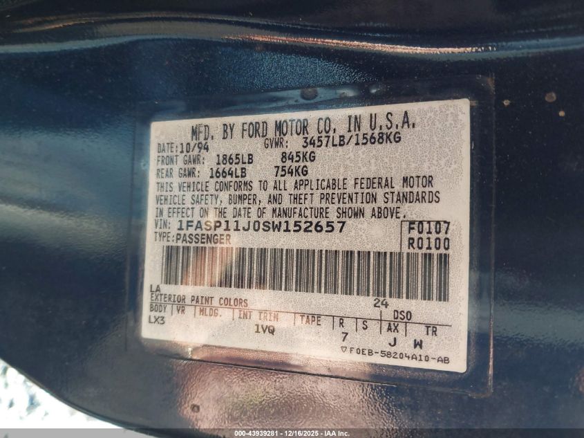 1995 Ford Escort Lx/Sport VIN: 1FASP11J0SW152657 Lot: 43939281
