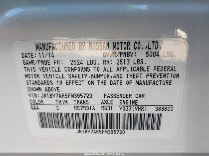 2015 Infiniti Q50 Premium VIN: JN1BV7AR5FM395720 Lot: 43939284