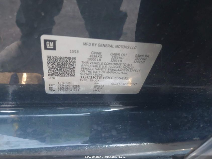 2019 Chevrolet Silverado 2500Hd Ltz VIN: 1GC1KTEY6KF155442 Lot: 43939285