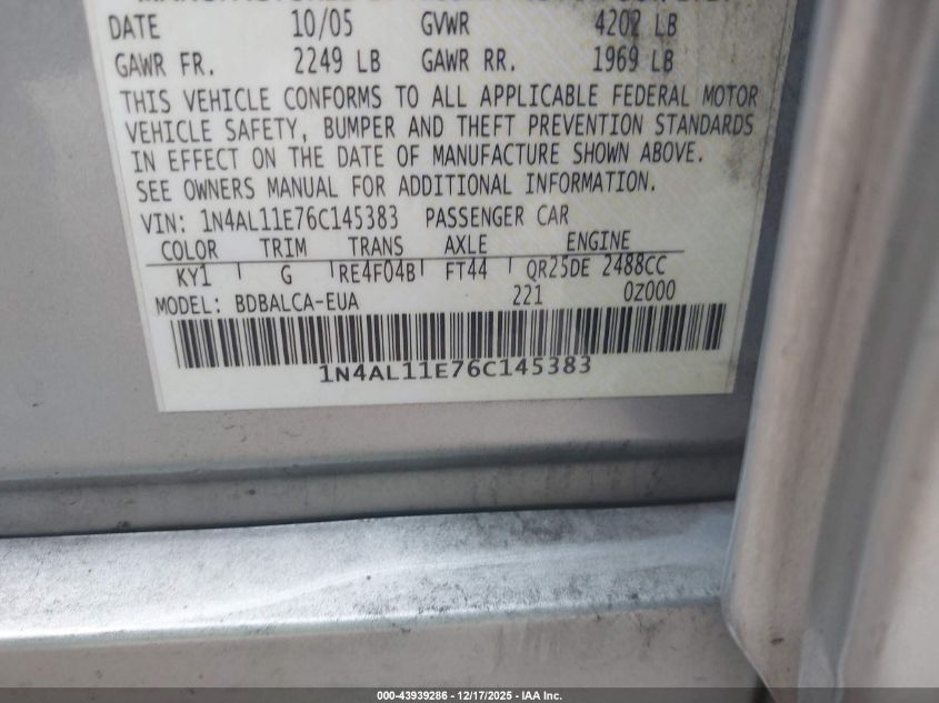 2006 Nissan Altima 2.5 S VIN: 1N4AL11E76C145383 Lot: 43939286