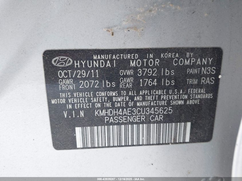 2012 Hyundai Elantra Gls (Ulsan Plant) VIN: KMHDH4AE3CU345625 Lot: 43939287