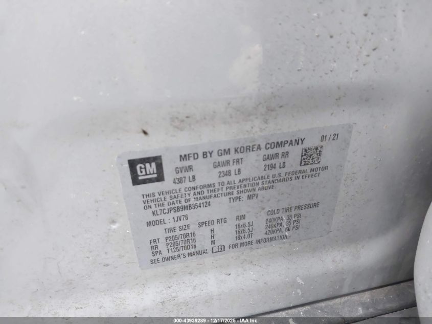 2021 Chevrolet Trax Awd Lt VIN: KL7CJPSB9MB354124 Lot: 43939289