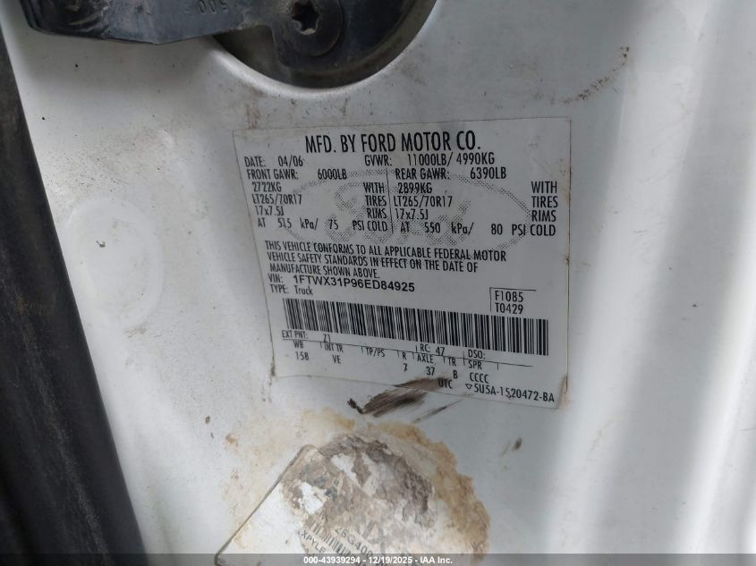 2006 Ford F-350 Lariat/Xl/Xlt VIN: 1FTWX31P96ED84925 Lot: 43939294