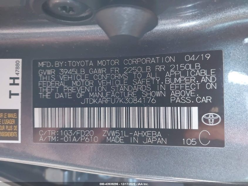 2019 Toyota Prius Le VIN: JTDKARFU7K3084176 Lot: 43939296