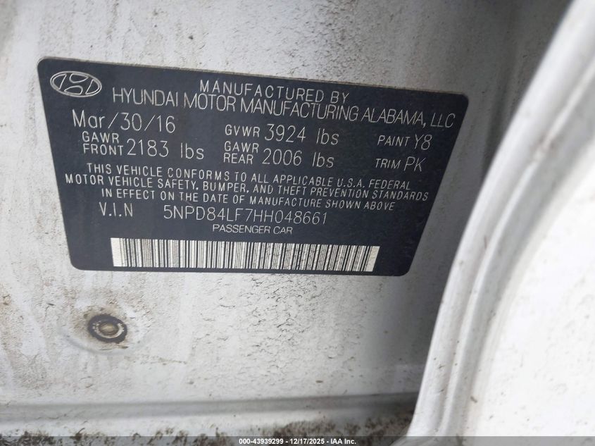 2017 Hyundai Elantra Se VIN: 5NPD84LF7HH048661 Lot: 43939299