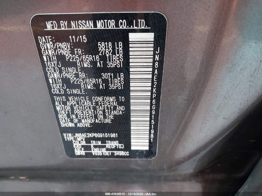 2016 Nissan Quest Platinum/S/Sl/Sv VIN: JN8AE2KP6G9151981 Lot: 43939310