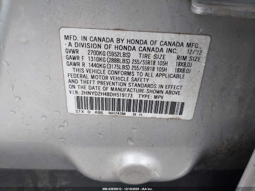 2013 Acura Mdx Technology Package VIN: 2HNYD2H48DH519173 Lot: 43939312