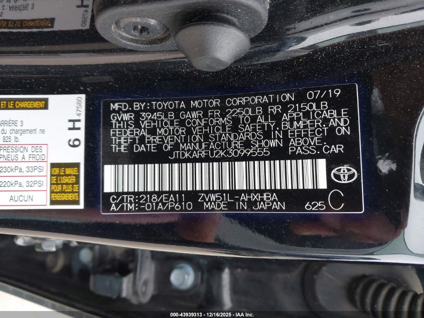 2019 Toyota Prius Limited VIN: JTDKARFU2K3099555 Lot: 43939313