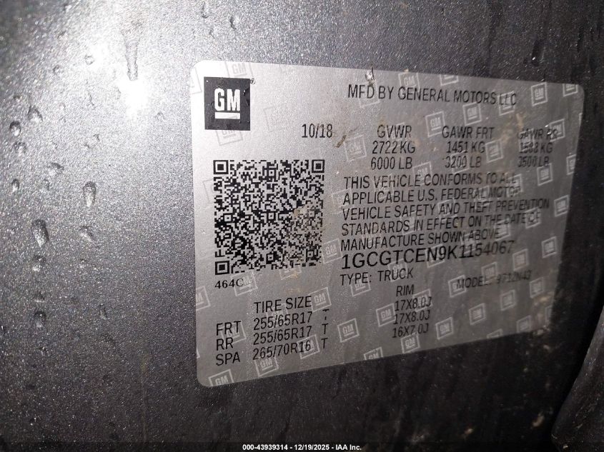 2019 Chevrolet Colorado Lt VIN: 1GCGTCEN9K1154067 Lot: 43939314