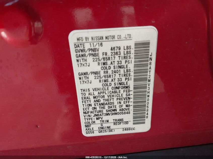 2017 Nissan Rogue Sv VIN: JN8AT2MV3HW005848 Lot: 43939315