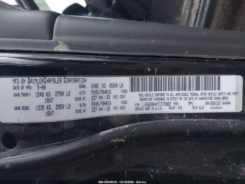 2000 Jeep Grand Cherokee Limited VIN: 1J4GW58N4YC373069 Lot: 43939316