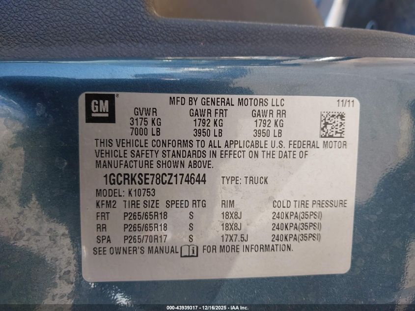 2012 Chevrolet Silverado 1500 Lt VIN: 1GCRKSE78CZ174644 Lot: 43939317