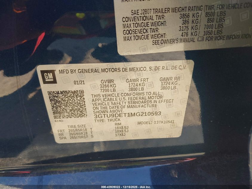 2021 GMC Sierra 1500 4Wd Short Box Slt VIN: 3GTU9DET1MG210593 Lot: 43939322