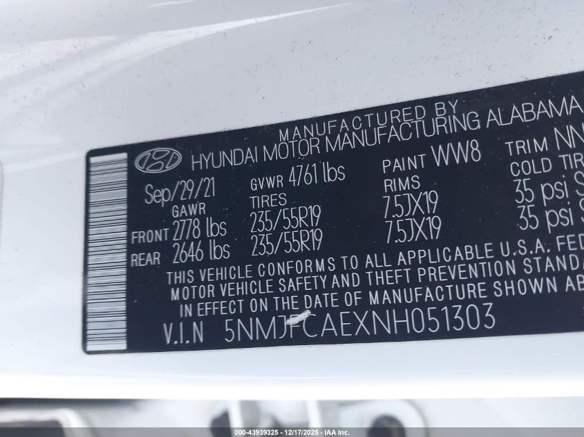 2022 Hyundai Tucson Sel VIN: 5NMJFCAEXNH051303 Lot: 43939325