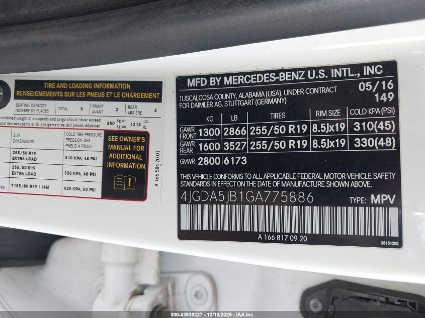 2016 Mercedes-Benz Gle 350 VIN: 4JGDA5JB1GA775886 Lot: 43939327