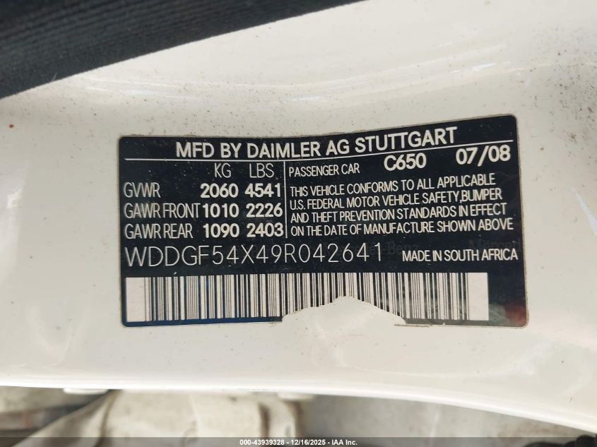 2009 Mercedes-Benz C 300 Luxury/Sport VIN: WDDGF54X49R042641 Lot: 43939328
