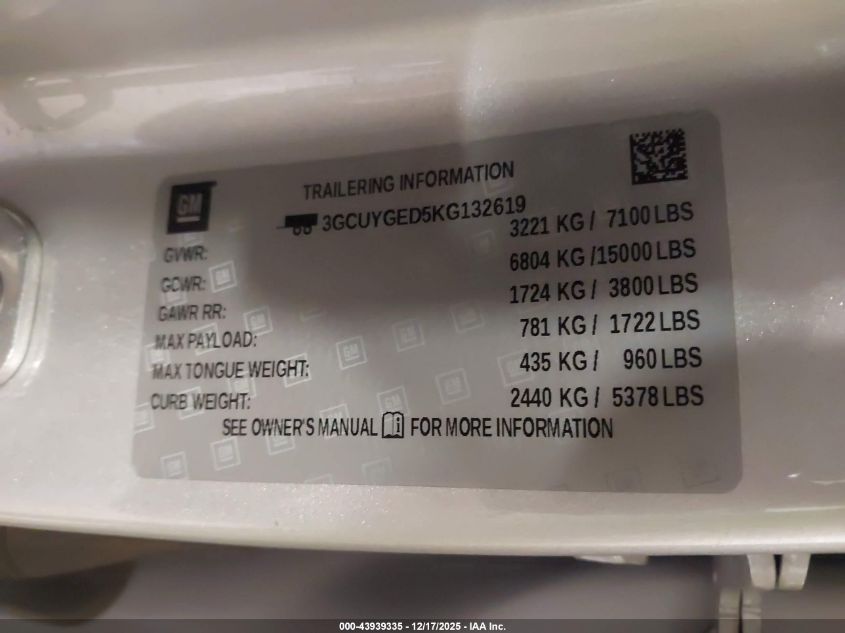 2019 Chevrolet Silverado 1500 Ltz VIN: 3GCUYGED5KG132619 Lot: 43939335