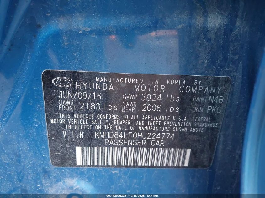 2017 Hyundai Elantra Se VIN: KMHD84LF0HU224774 Lot: 43939336