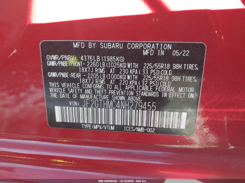2022 Subaru Crosstrek Limited VIN: JF2GTHMC4NH279455 Lot: 43939338