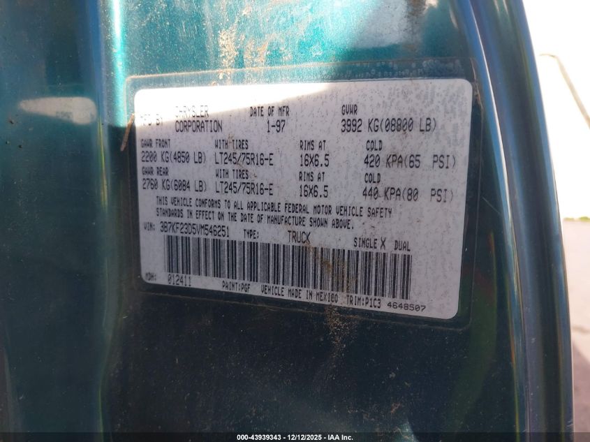 1997 Dodge Ram 2500 St VIN: 3B7KF23D5VM546251 Lot: 43939343