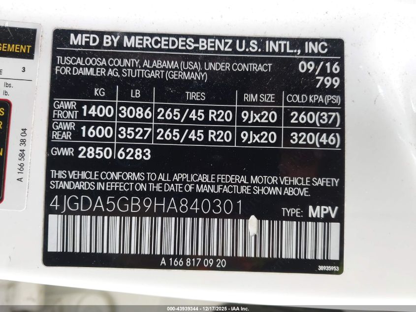 2017 Mercedes-Benz Gle 400 4Matic VIN: 4JGDA5GB9HA840301 Lot: 43939344