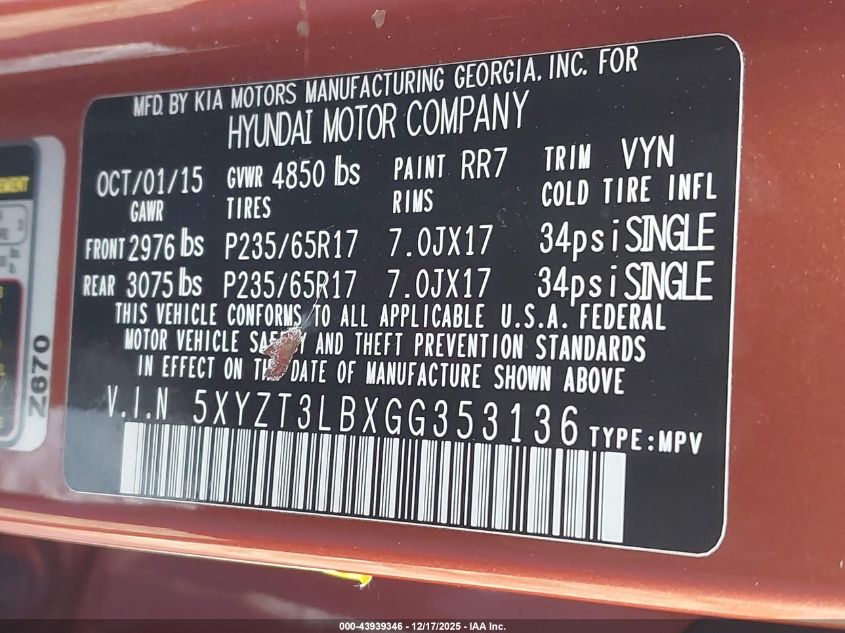 2016 Hyundai Santa Fe Sport 2.4L VIN: 5XYZT3LBXGG353136 Lot: 43939346